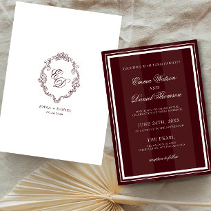 Burgundy Red Elegant Monogram Crest Wedding Invitation
