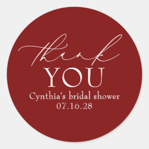 Burgundy Red Elegant Script Modern Thank You  Classic Round Sticker