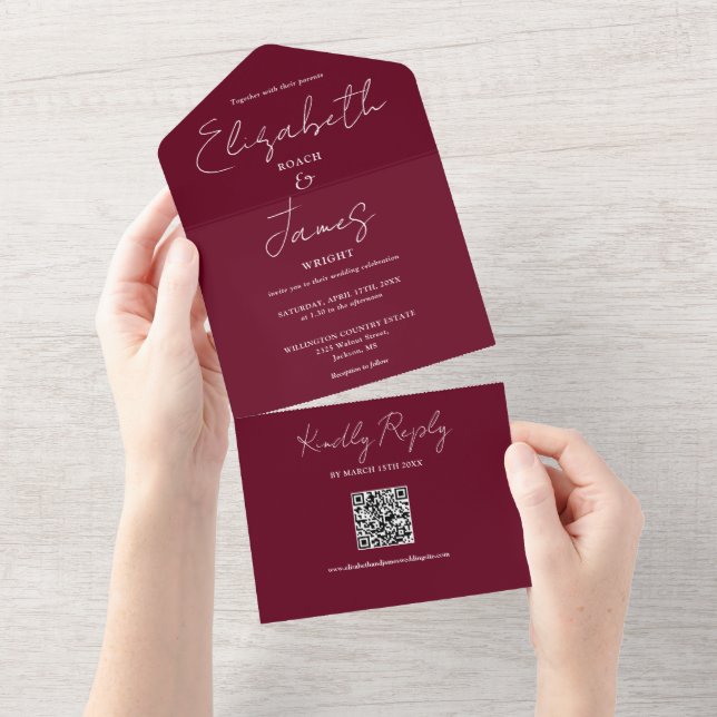 Burgundy Red Elegant Script QR Code Wedding All In One Invitation (Tearaway)