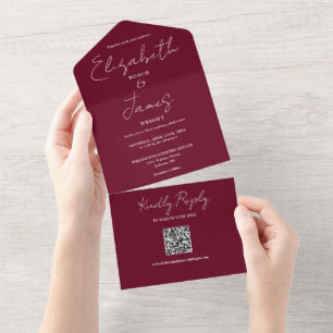 Burgundy Red Elegant Script QR Code Wedding All In One Invitation