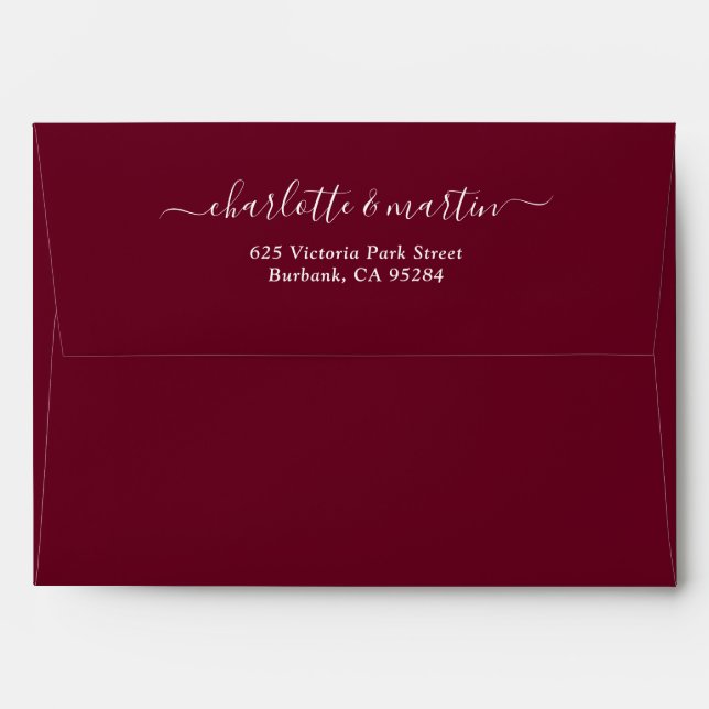 Burgundy Red Elegant Script Return Address Wedding Envelope (Back (Top Flap))