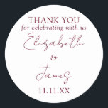 Burgundy Red Elegant Script Wedding Thank You Classic Round Sticker<br><div class="desc">This burgundy red minimalist elegant script wedding thank you sticker can be personalised with your information in chic typography. Designed by Thisisnotme©</div>
