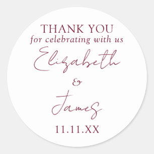 Burgundy Red Elegant Script Wedding Thank You Classic Round Sticker