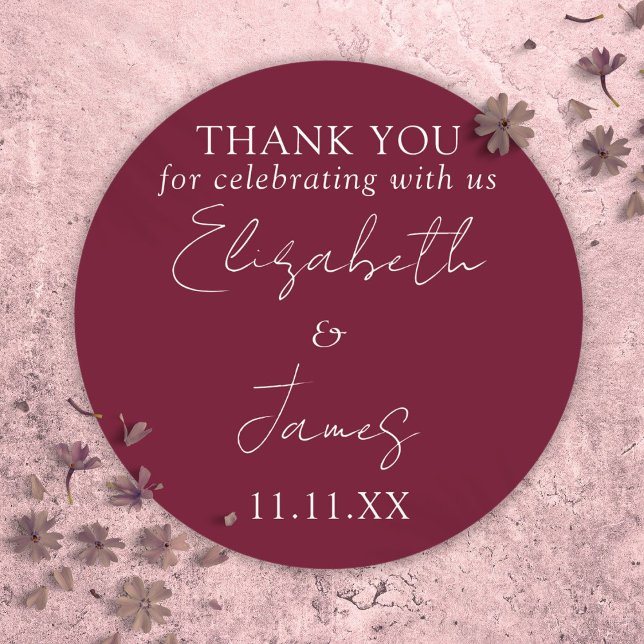 Burgundy Red Elegant Script Wedding Thank You Classic Round Sticker (Burgundy Red Elegant Script Wedding Thank You Classic Round Sticker)