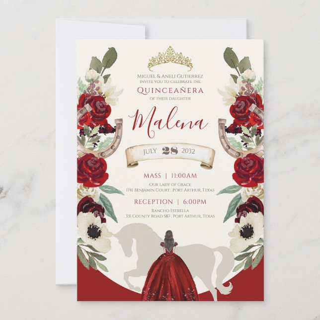 Burgundy Red Elegant Watercolor Charro Quinceanera Invitation (Front)