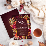 Burgundy Red Fall Flowers 90th Birthday Invitation<br><div class="desc">Beautiful fall flowers create a trendy Boho arch. Red roses,  terracotta flowers and white peonies blend with green leaves and foliage. The flowers and white modern script pop against the burgundy red background. This item is part of the Burgundy Fall Flowers collection.</div>