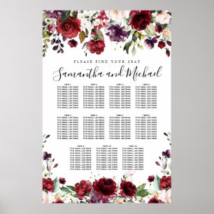 Burgundy Red Floral 11-Table Wedding Seating Chart