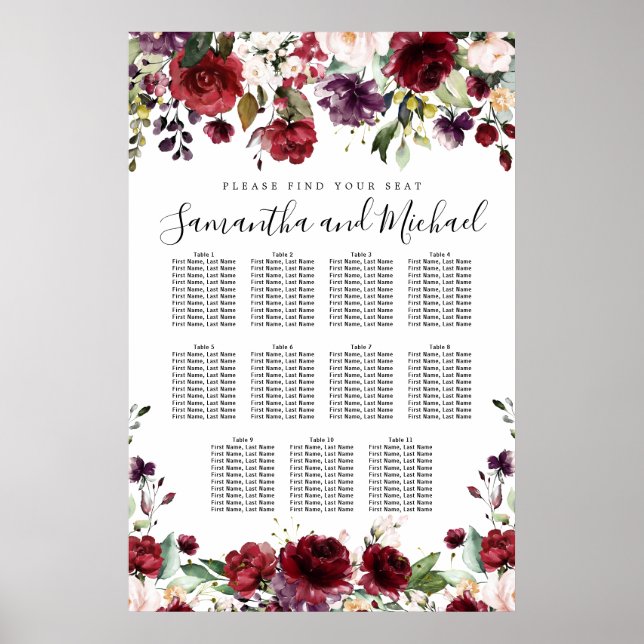 Burgundy Red Floral 11-Table Wedding Seating Chart (Front)