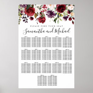 Burgundy Red Floral 17-Table Wedding Seating Chart