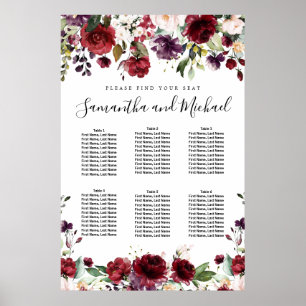 Burgundy Red Floral 6-Table Wedding Seating Chart