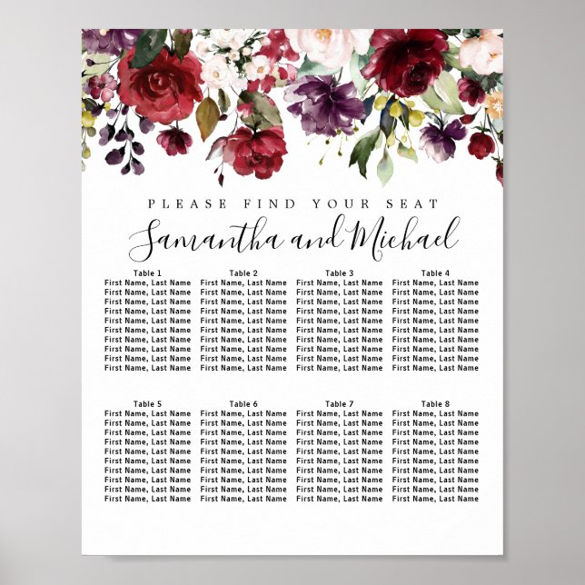Burgundy Red Floral 8-Table Wedding Seating Chart (Front)