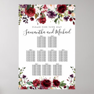 Burgundy Red Floral 9-Table Wedding Seating Chart