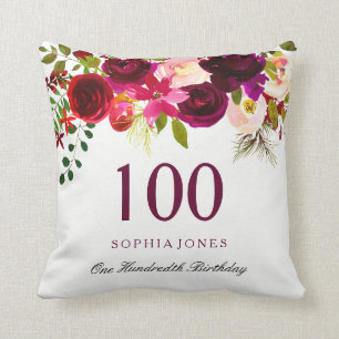 Burgundy Red Floral Boho 100th Birthday Gift Cushion