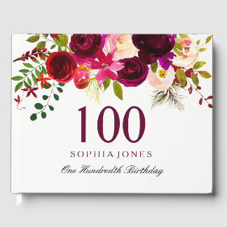 Burgundy Red Floral Boho 100th Birthday Guest Book