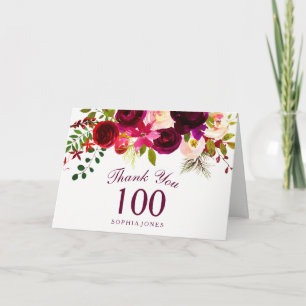 Burgundy Red Floral Boho 100th Birthday Thank You
