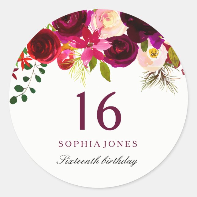 Burgundy Red Floral Boho 16th Birthday Party Classic Round Sticker (Front)
