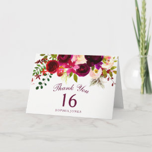 Burgundy Red Floral Boho 16th Birthday Thank You Card