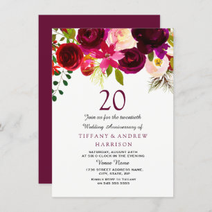Burgundy Red Floral Boho 20th Wedding Anniversary Invitation