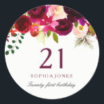 Burgundy Red Floral Boho 21st Birthday Party Classic Round Sticker<br><div class="desc">Burgundy Red Floral Boho 21st Birthday Party Sticker favour seal

See our store for matching invitation,  Envelope and napkins</div>