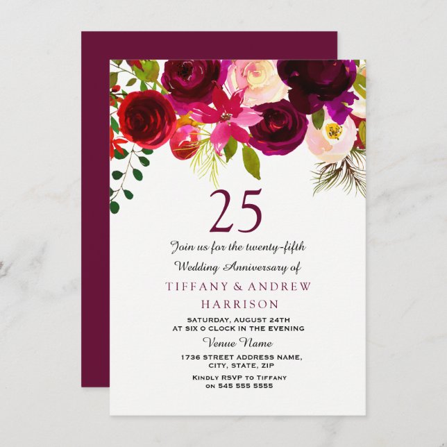 Burgundy Red Floral Boho 25th Wedding Anniversary Invitation (Front/Back)