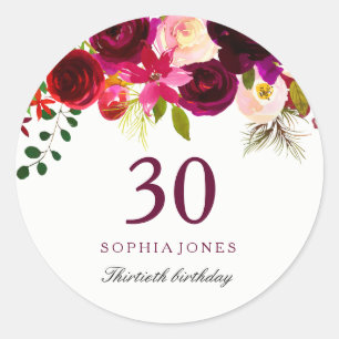 Burgundy Red Floral Boho 30th Birthday Party Classic Round Sticker