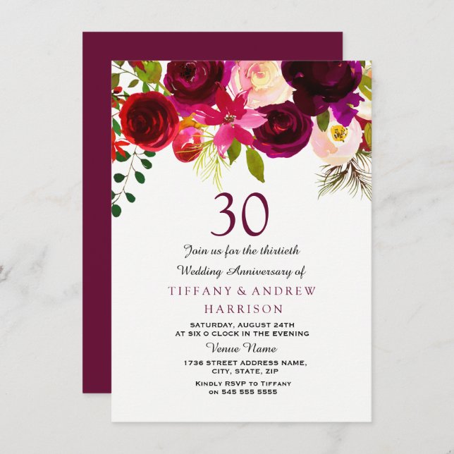 Burgundy Red Floral Boho 30th Wedding Anniversary Invitation (Front/Back)