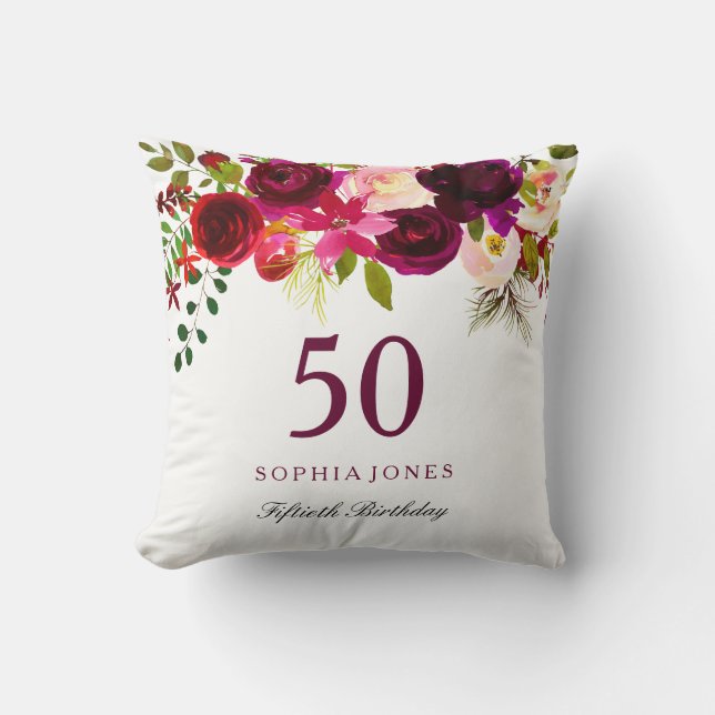 Burgundy Red Floral Boho 50th Birthday Gift Cushion (Front)