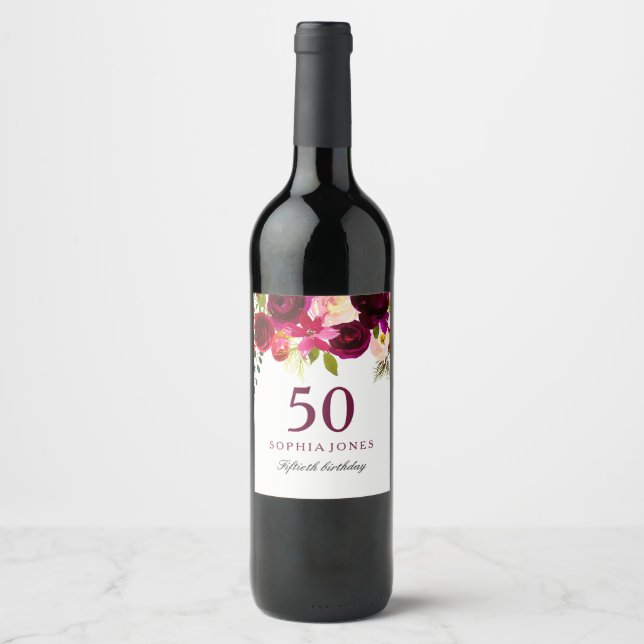 Burgundy Red Floral Boho 50th Birthday Party Wine Label (Front)