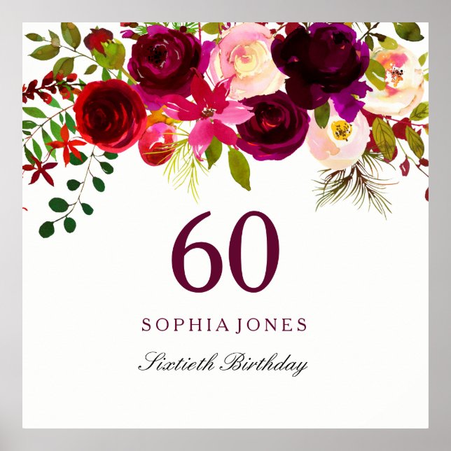 Burgundy Red Floral Boho 60th Birthday Party Poster (Front)