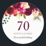 Burgundy Red Floral Boho 70th Birthday Party Classic Round Sticker<br><div class="desc">Burgundy Red Floral Boho 70th Birthday Party LoveHeart Sticker favour seal

See our store for matching invitation,  Envelope and napkins</div>