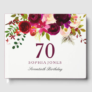 Burgundy Red Floral Boho 70th Birthday Party Guest Book