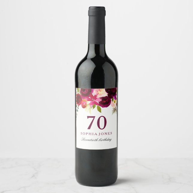 Burgundy Red Floral Boho 70th Birthday Party Wine Label (Front)