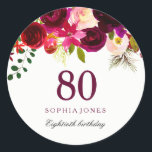 Burgundy Red Floral Boho 80th Birthday Party Classic Round Sticker<br><div class="desc">Burgundy Red Floral Boho 80th Birthday Party LoveHeart Sticker favour seal

See our store for matching invitation,  Envelope and napkins</div>