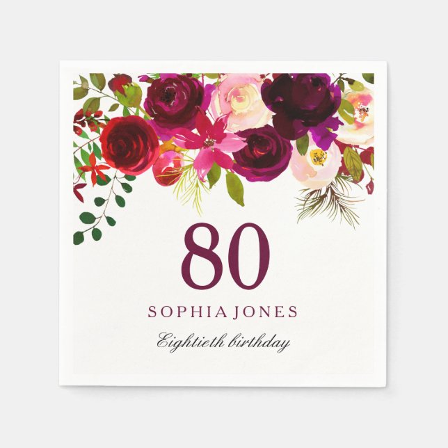 Burgundy Red Floral Boho 80th Birthday Party Napkin (Front)