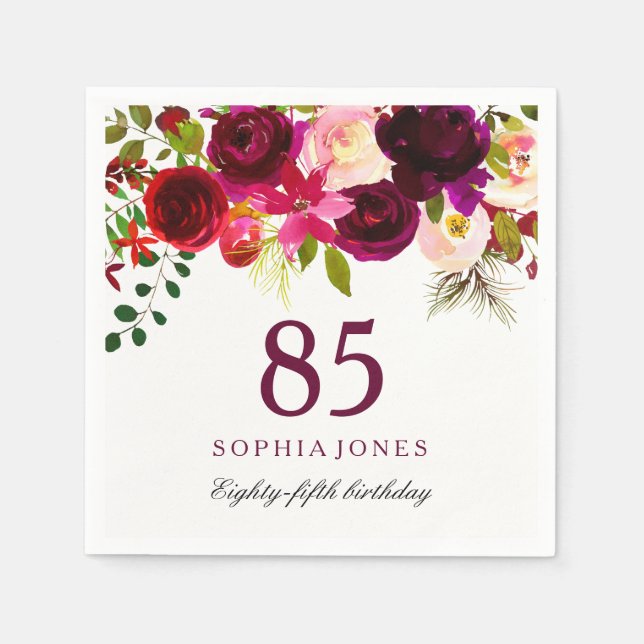 Burgundy Red Floral Boho 85th Birthday Party Napkin (Front)