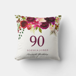 Burgundy Red Floral Boho 90th Birthday Gift Cushion