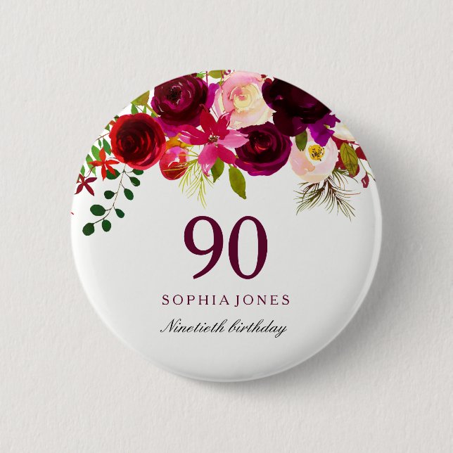 Burgundy Red Floral Boho 90th Birthday Party 6 Cm Round Badge (Front)