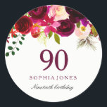 Burgundy Red Floral Boho 90th Birthday Party Classic Round Sticker<br><div class="desc">Burgundy Red Floral Boho 90th Birthday Party LoveHeart Sticker favour seal

See our store for matching invitation,  Envelope and napkins</div>