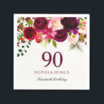 Burgundy Red Floral Boho 90th Birthday Party Napkin<br><div class="desc">Burgundy Red Floral Boho 90th Birthday Party 

See our store for matching invitation,  Envelope and napkins
Also matching coffee mugs</div>