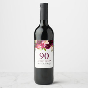 Burgundy Red Floral Boho 90th Birthday Party Wine Label