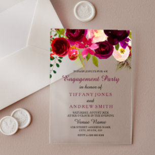 Burgundy Red Floral Boho Engagement Party Invite Acrylic Invitations