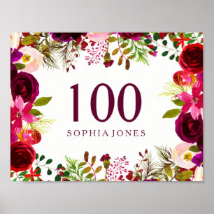 Burgundy Red Floral Boho Sign 100th Birthday Party
