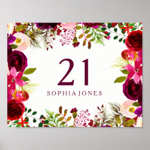 Burgundy Red Floral Boho Sign 21st Birthday Party