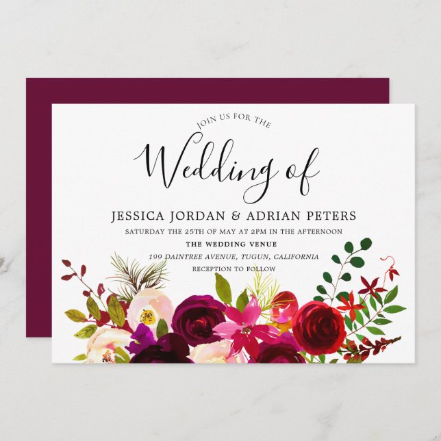 Burgundy Red Floral Boho Wedding Invitation (Front/Back)
