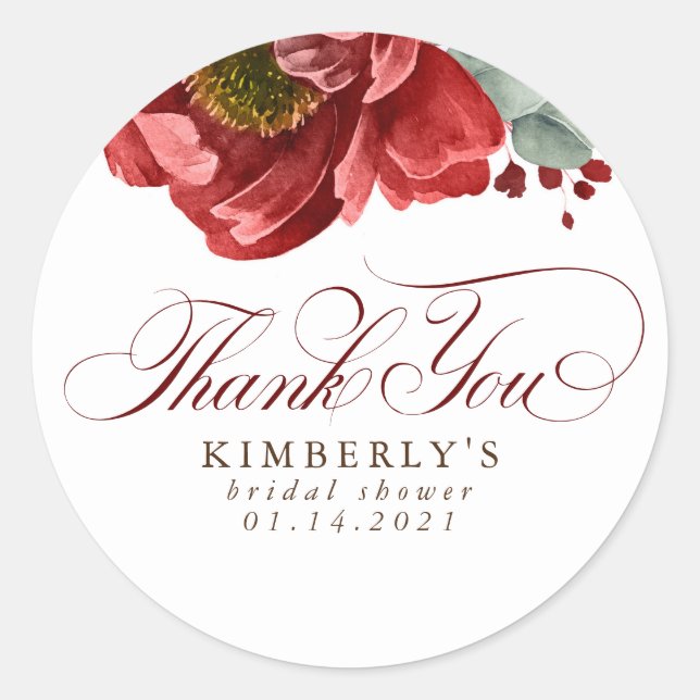 Burgundy Red Floral Bridal Shower Thank You Classic Round Sticker (Front)