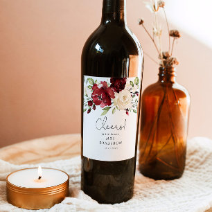 Burgundy red floral bridal shower wine label