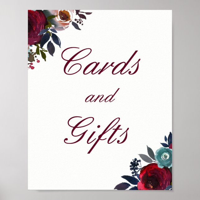 Burgundy Red Floral Cards And Gifts Wedding Poster (Front)