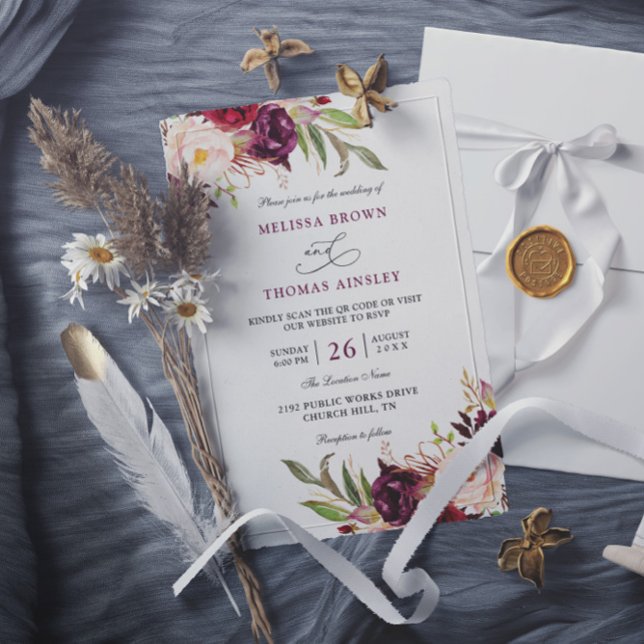 Burgundy Red Floral Chic Budget QR Code Wedding Invitation (Creator Uploaded)