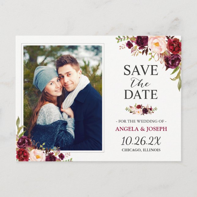 Burgundy Red Floral Chic Save the Date Photo Announcement Postcard (Front)