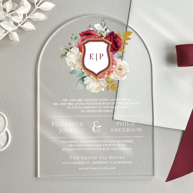 Burgundy Red Floral Crest Monogram Wedding Acrylic Invitations (Creator Uploaded)